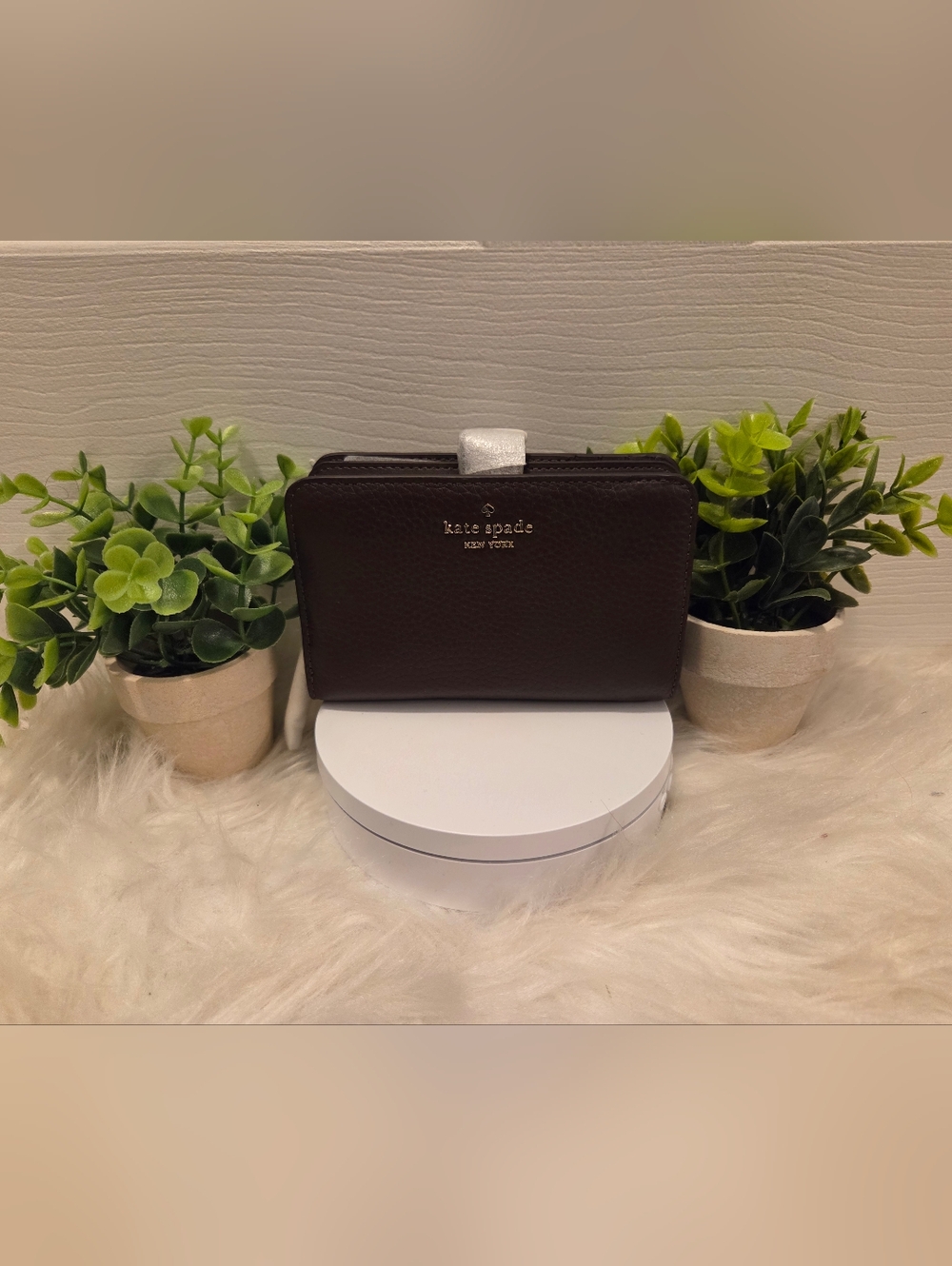 Kate Spade Compact Pebbled  Leather Wallet in Dark Brown